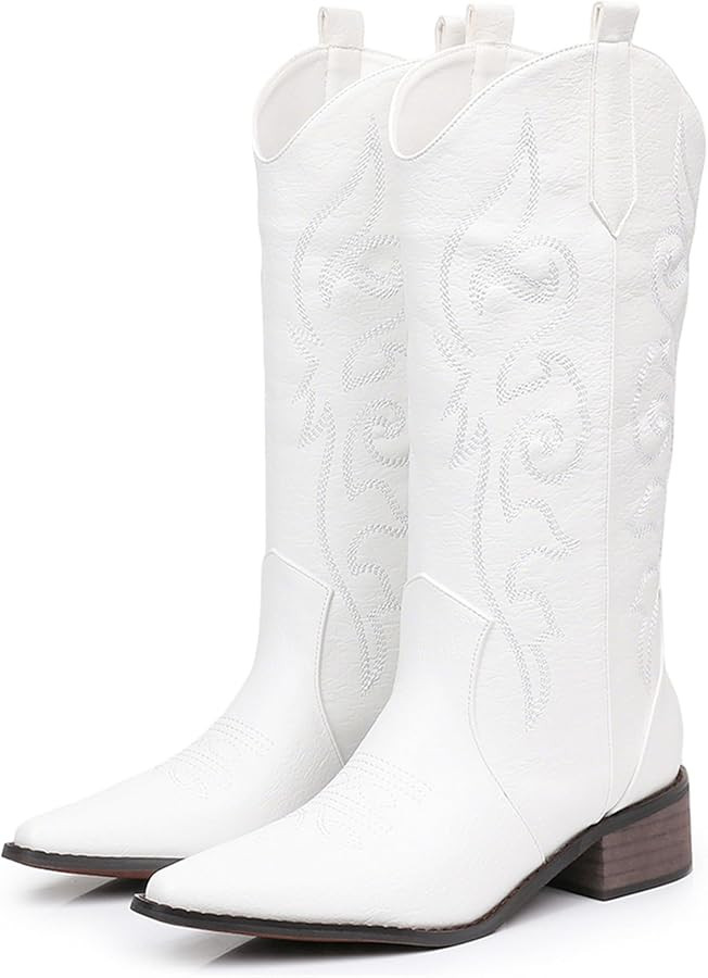 Cowboy Boots for Women, Pointed Toe Chunky Heel Western Boots, Mid Calf Embroidered Side Zip Brow... | Amazon (US)