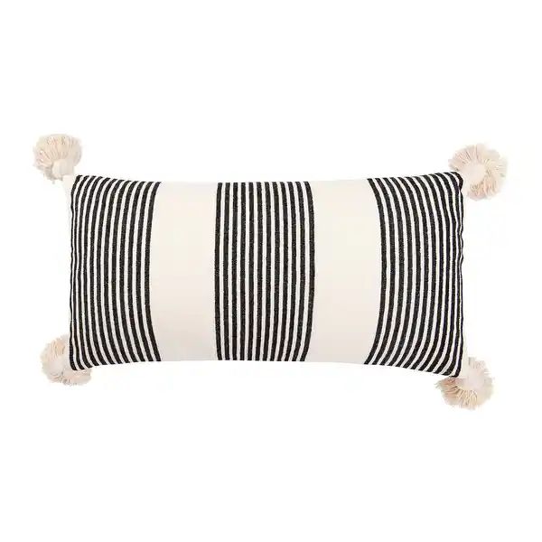 Cream Cotton & Chenille Pillow with Vertical Stripes, Tassels & Solid Cream Back - Grey Lumbar | Bed Bath & Beyond