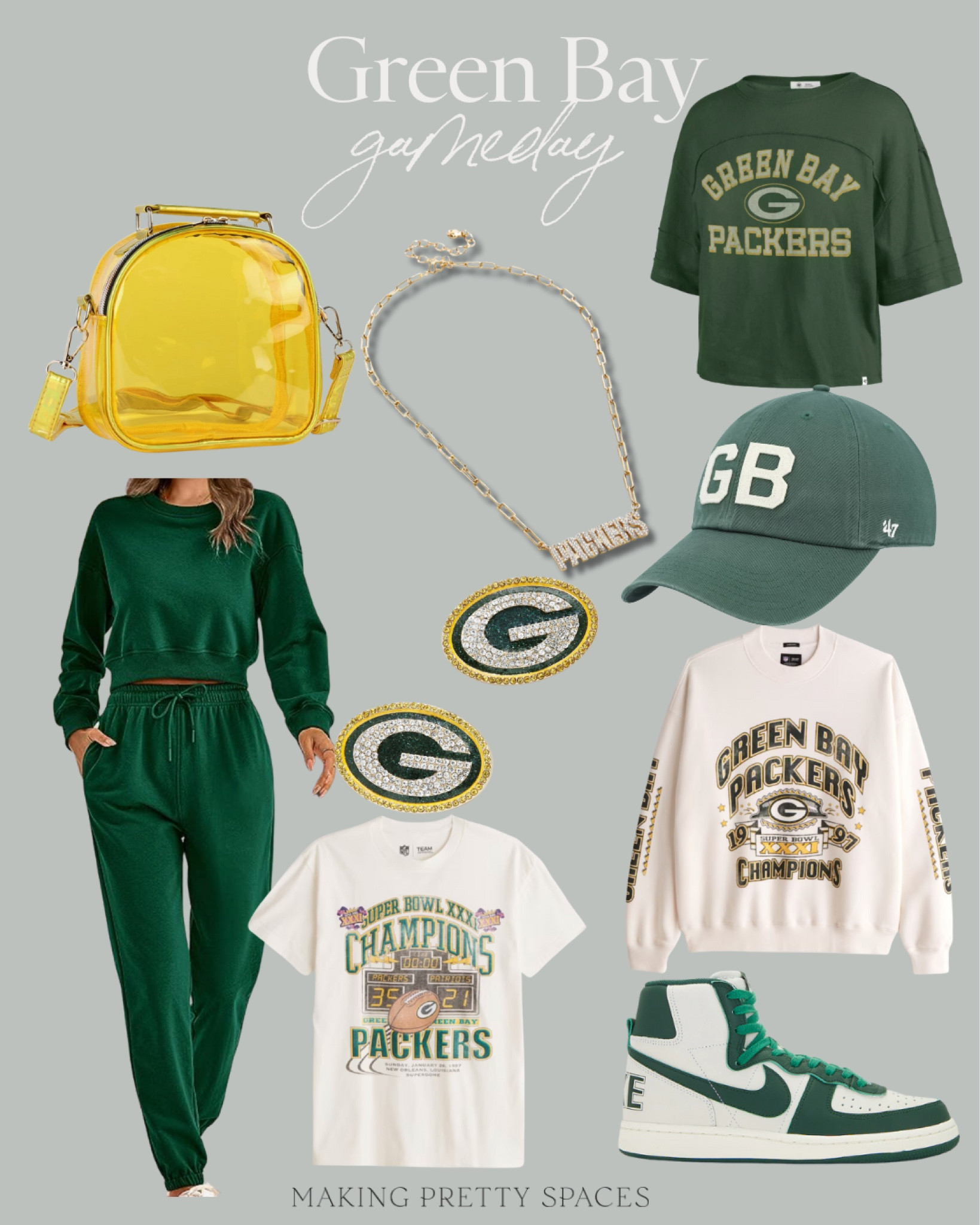 Green Bay gameday picks, green, yellow, packers, clear purse, gameday bag, crop tee, baseball hat, crewneck, graphic tee, loungewear set, stud earrings, necklace, Nike tennis shoes, sneakers 

#LTKunder100 #LTKstyletip #LTKSeasonal