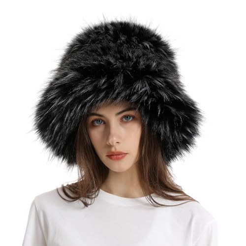 Popchrio Plush Fisherman Hat Artificial Fur Women's Bucket Hat Winter Warm Plush Bucket Hat Cute Fluffy Wide Brim Fisherman Hat Black and White | Amazon (US)