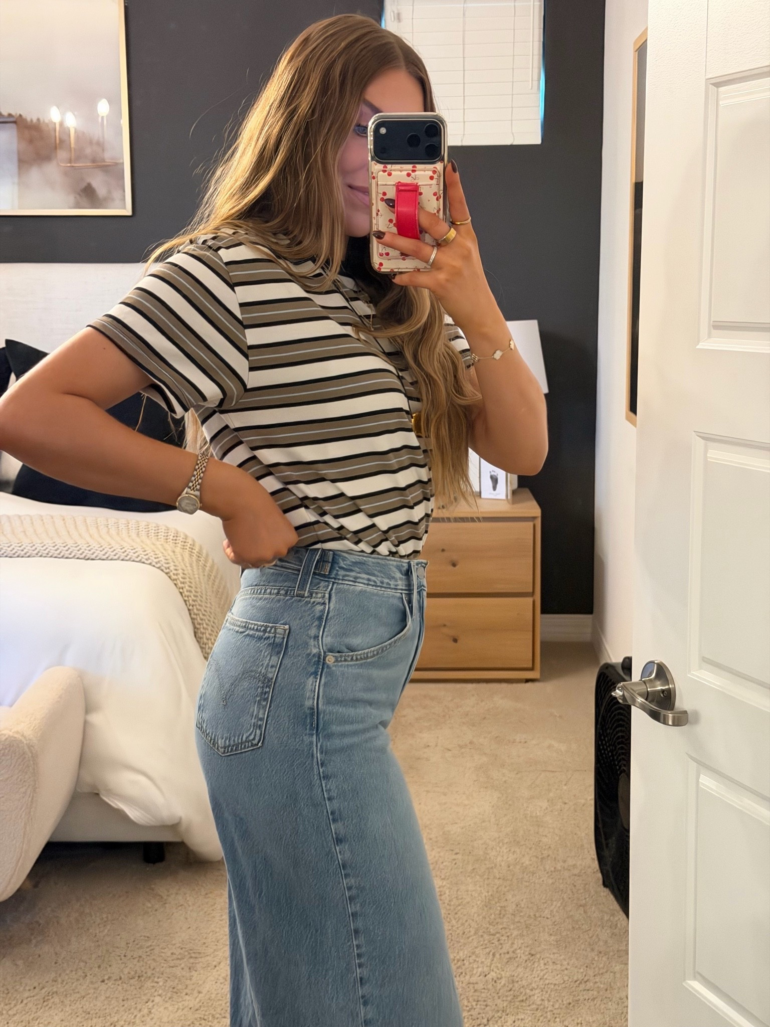 My fave jeans!! Love the cinch waist. And perfect striped tee for fall