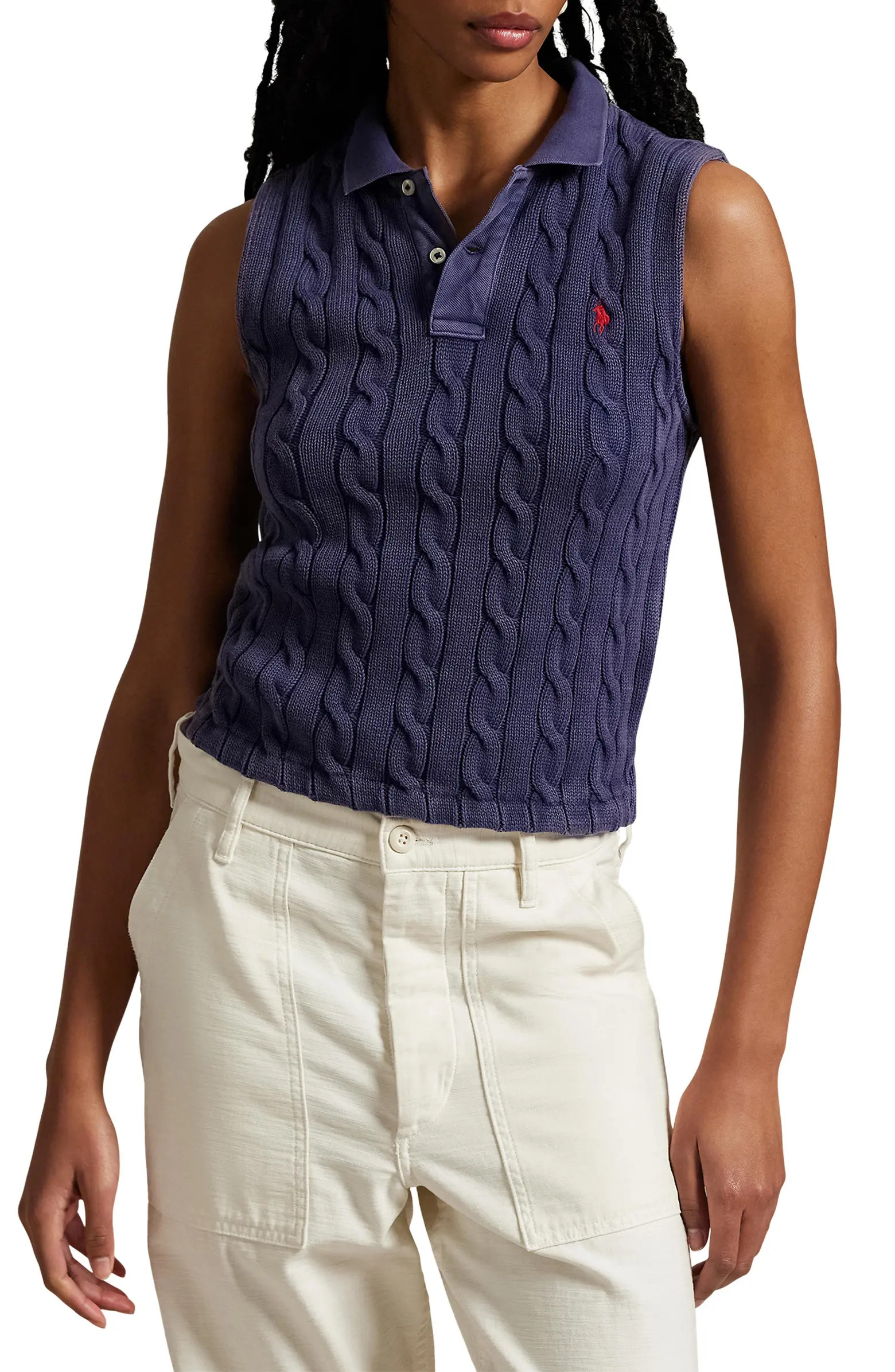 Cable Sleeveless Cotton Polo Sweater | Nordstrom
