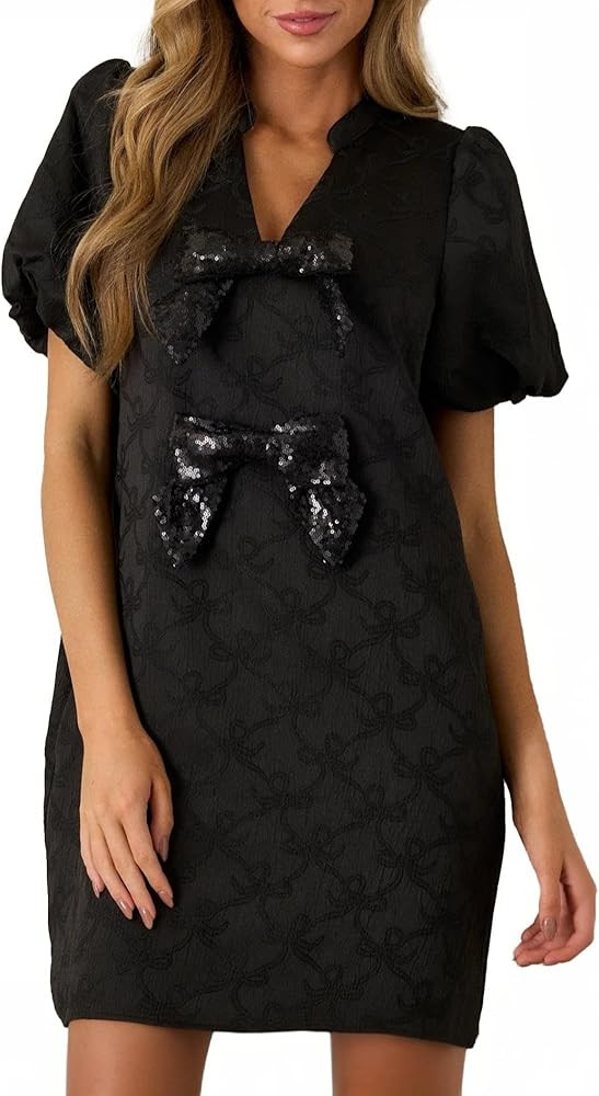 LifeShe Womens Bow Jacquard Mini Dress Puff Short Sleeve Bow Front Shift Dress Elegant Sparkly Pa... | Amazon (US)