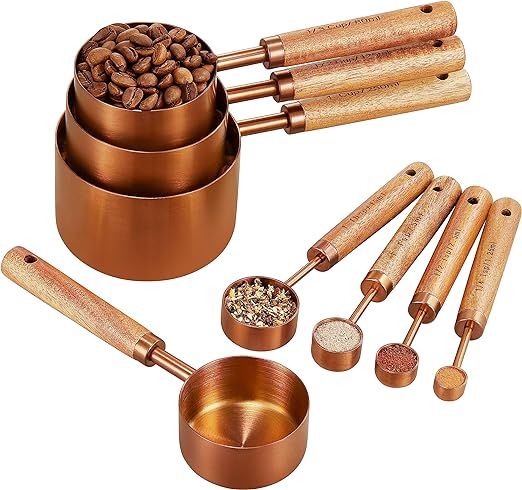 Copper Stainless Steel Measuring Cups and Spoons Set of 8, Wooden Handle with US Measurements, Me... | Amazon (US)