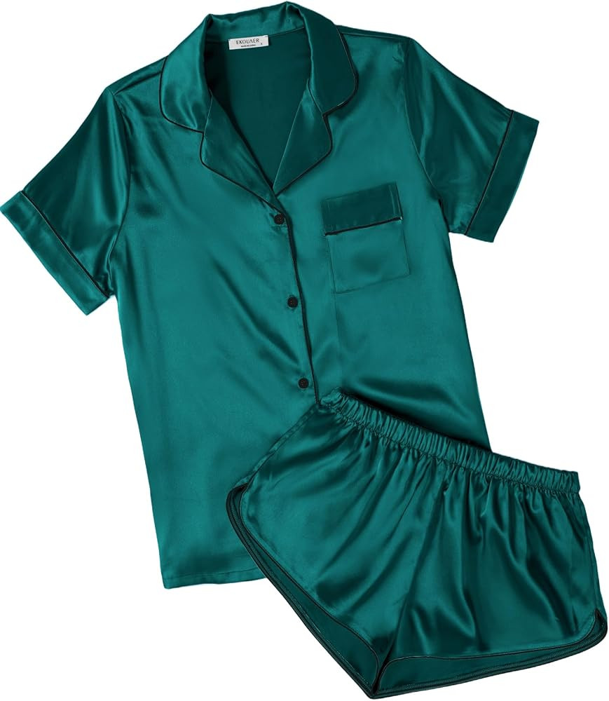 Ekouaer Womens Silk Satin Pajamas Short Sleeve PJS Shorts Set Soft Button Down Sleepwear 2 Piece ... | Amazon (US)