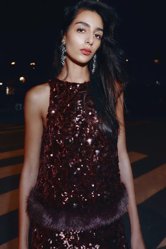 SEQUIN TOP WITH FAUX FUR HEM | Zara Canada