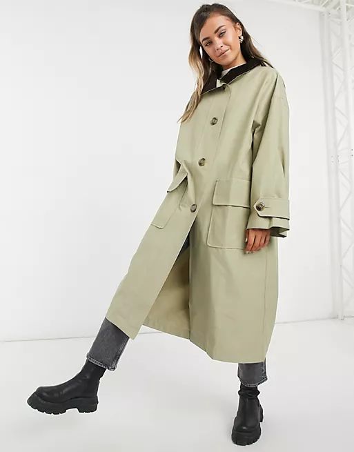 ASOS DESIGN oversized trench coat with corduroy collar in stone | ASOS (Global)