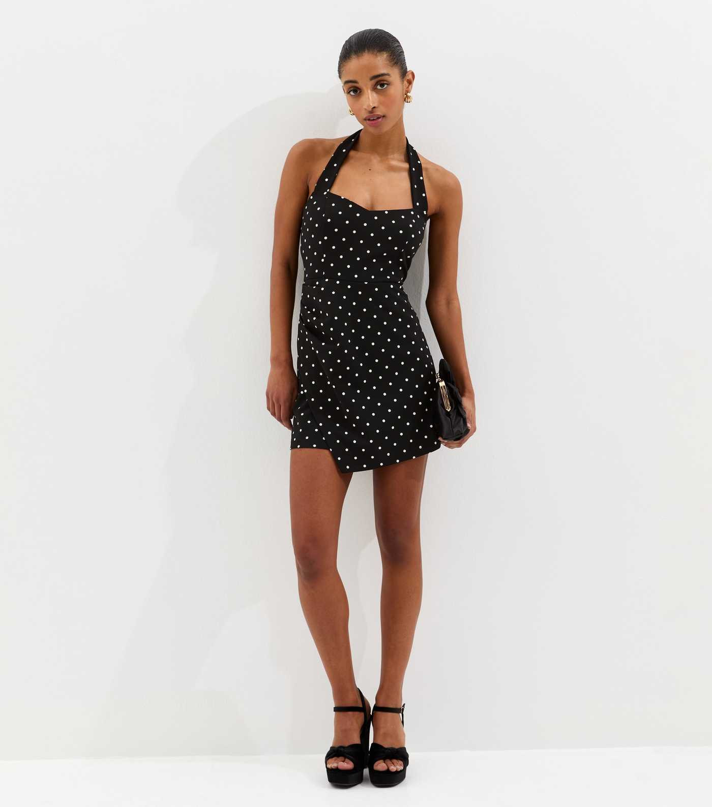 Black Polka Dot Halter Neck Mini Dress | New Look | New Look (UK)