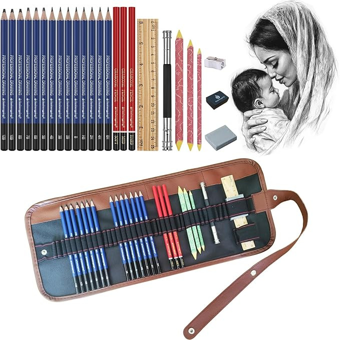 Drawing Sketching Pencil Set, 26 pcs Draw Supplies Kit, 14 Graphite (12B -6H), Charcoal Erasers S... | Amazon (US)