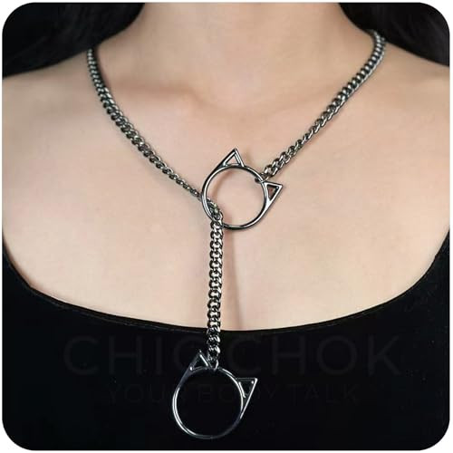 C CHIC CHOK YOUR BODY TALK Cat O-Ring Slip Chain Necklace Stainless Steel Cuban Chain Punk Choker Necklace Jewelry Gift for Women (Black, M:25 inch) | Amazon (US)