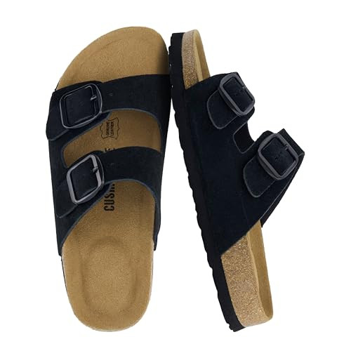 Amazon.com | CUSHIONAIRE Logo 100% Genuine Leather Suede Slides for Women, Cushioned Cork Footbed... | Amazon (US)