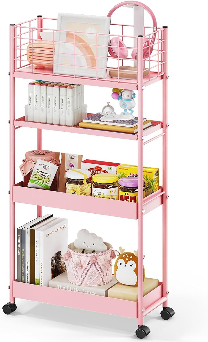 KINGRACK Slim Storage Cart, 4-Tier Metal Utility Rolling Cart with Wheels, Narrow Mobile Shelving... | Amazon (US)