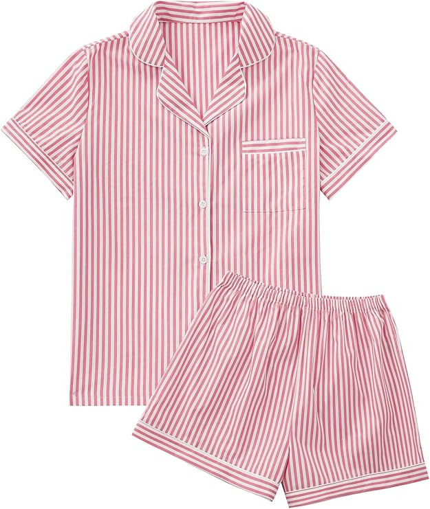 OPOIPIN Women's Striped Pajamas Set Button Down Short Sleeve Shirt 2 Piece Sleepwear with Shorts | Amazon (US)