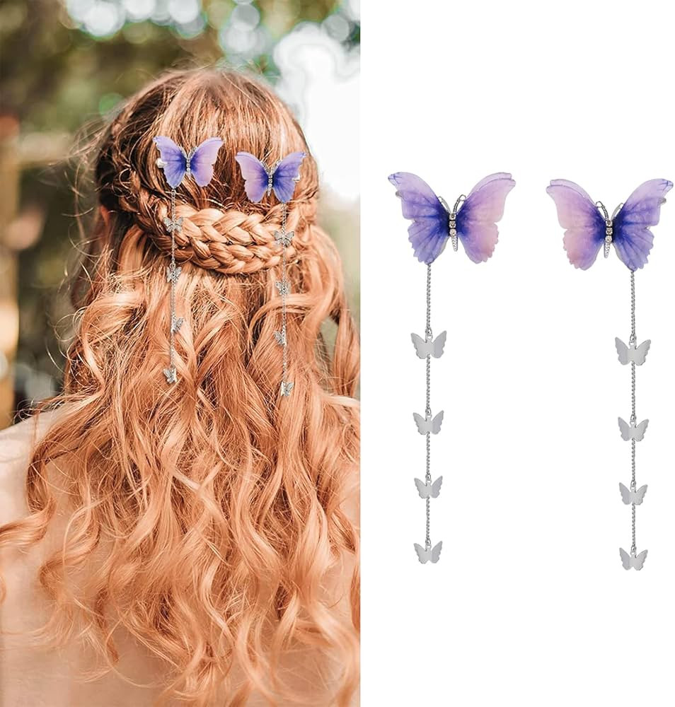 AUOCATTAIL 2 Pcs Butterfly Hair Clips Tassel Hair Barrettes Cute Hanging Ear Metal Butterfly Tass... | Amazon (US)