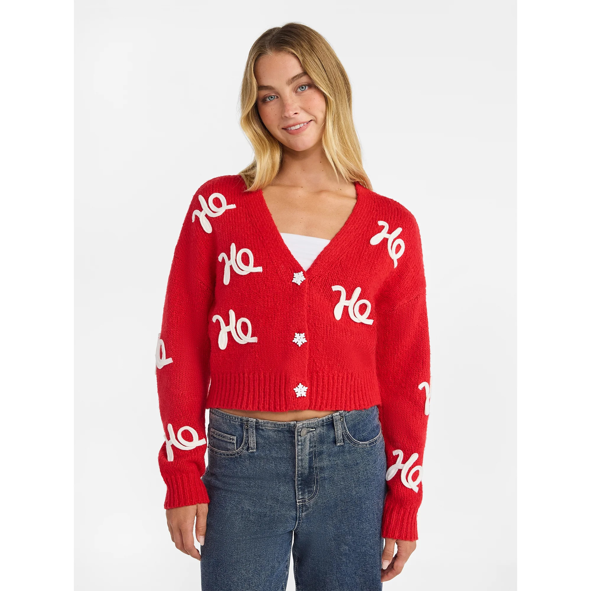 No Boundaries Embroidered Christmas Cardigan, Women's & Women's Plus | Walmart (US)