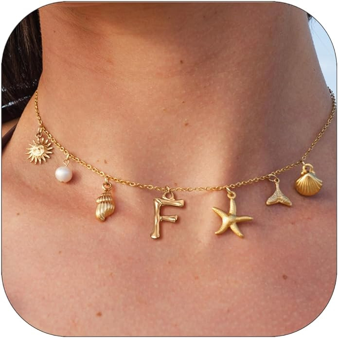 Initial Charm Necklace For Women Shell Letter Necklaces Gold Charms Pendant Boho Summer Seashell ... | Amazon (US)