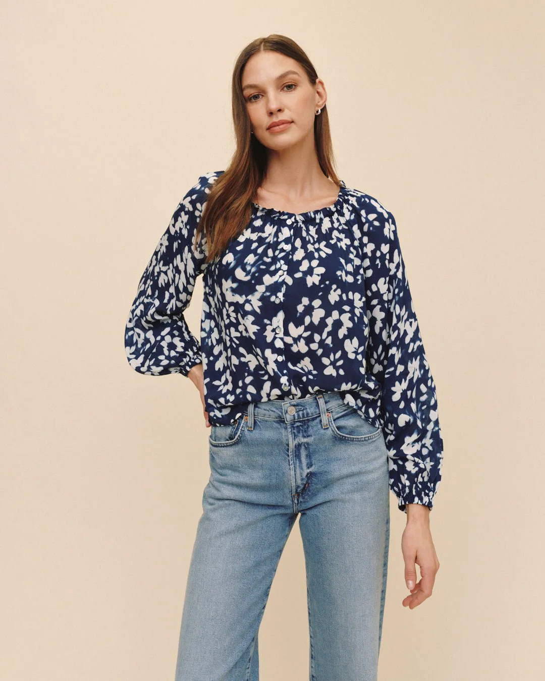 Ruffle Neck Raglan Button Down - Indigo Bloom Print | Bella Dahl