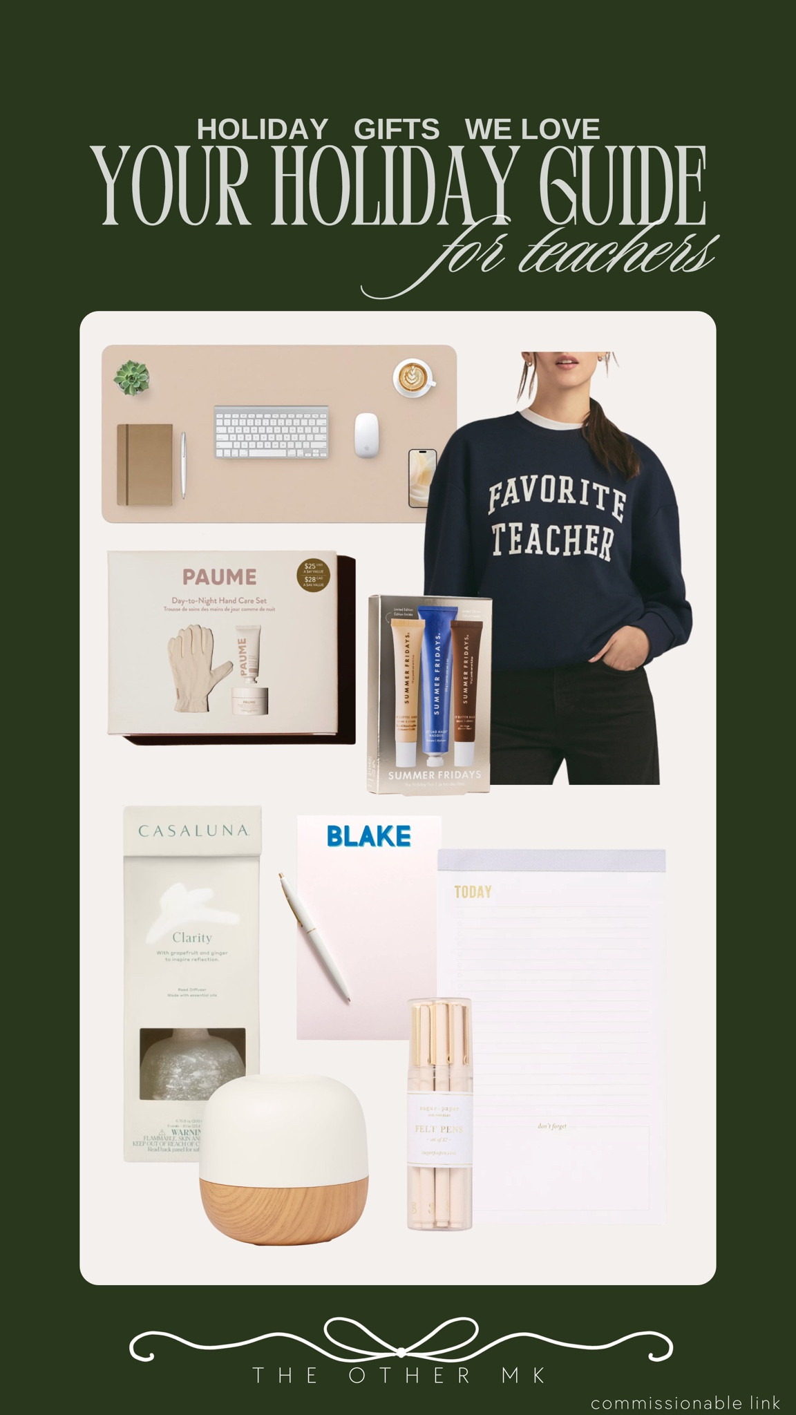 holiday gifts, Christmas gifts, trendy gifts, wishlist, holiday favorites, gifts for teachers, sweater, felt pens, hand care, leather desk pad, summer Fridays, oil diffuser, weekly planner, casa luna oil diffuser 

#LTKHoliday #LTKGiftGuide #LTKSeasonal