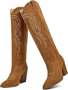 ISNOM Women's Cowgirl Boots Pull On Knee High Boots, Cowboy Western Embroidered Chunky Block Heel... | Amazon (US)