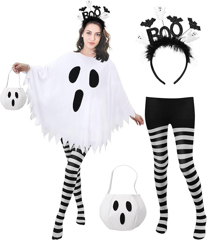 4 Pcs Ghost Costume Adult with Accessories,Ghost Costume Women Poncho/Bag/Headband/Tights Hallowe... | Amazon (US)