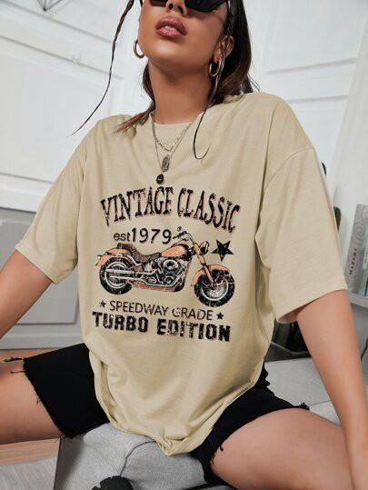 Motorcycle & Letter Graphic Oversized Tee | SHEIN