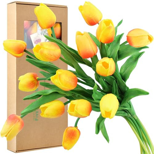 Real Touch Tulips Artificial Flowers – 15 Stems Faux Tulip Bouquet in Gift Box for Wedding, Home Decor, Party, Floral Arrangements (Sunset Orange) | Amazon (US)