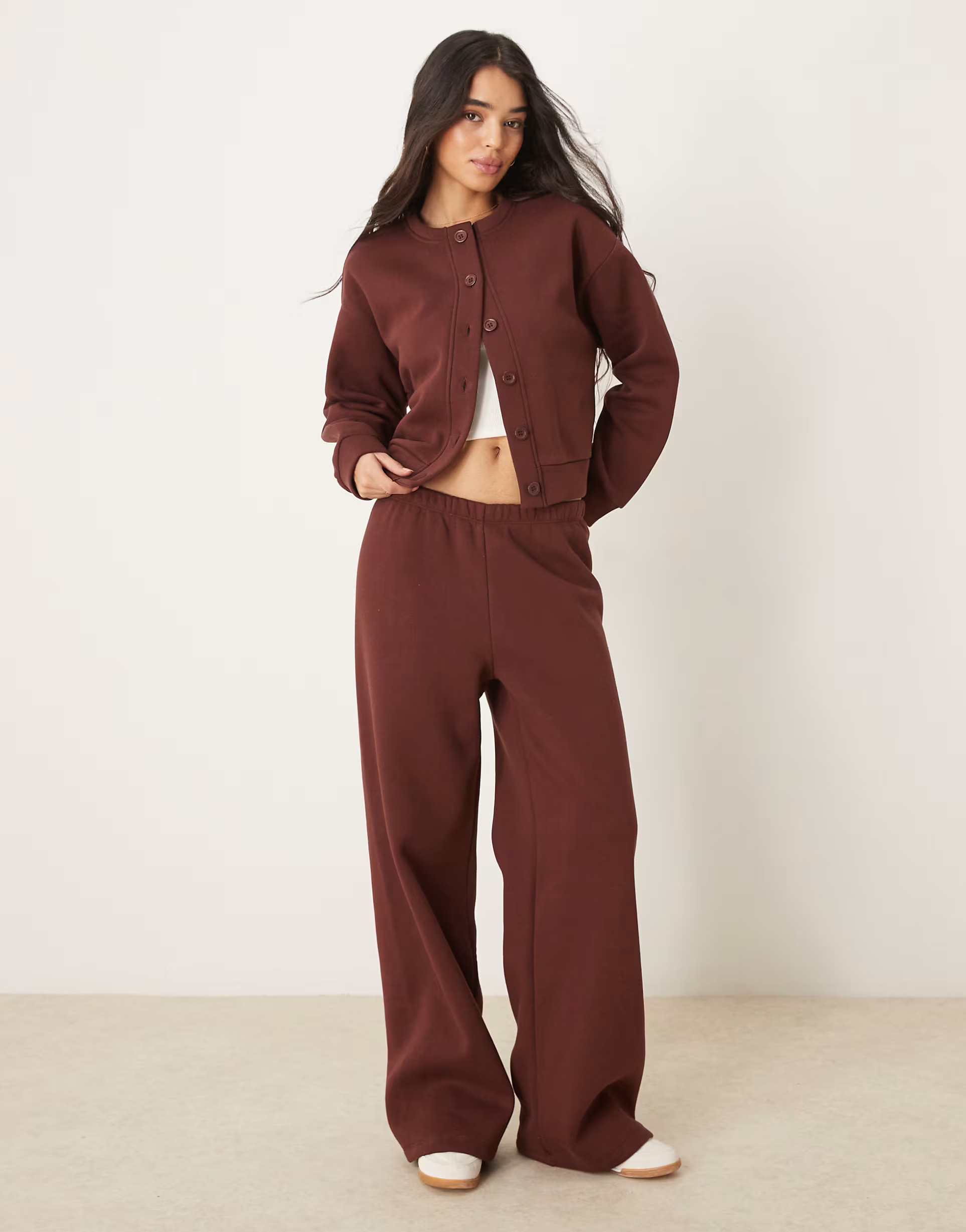 ASOS DESIGN sweat crew neck cardigan co ord in chocolate | ASOS (Global)