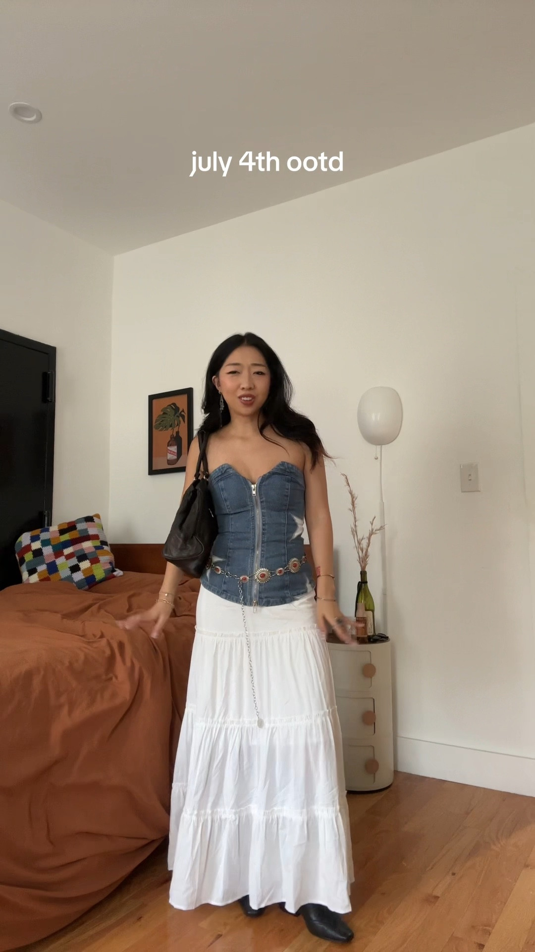 july 4th outfit 🇺🇸blue denim corset, long white skirt, black cowboy boots, silver chain belt

#LTKSeasonal #LTKVideo #LTKFindsUnder100