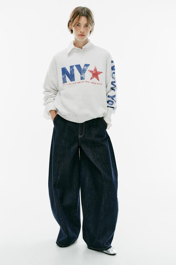 Zara - Oversize Text Sweatshirt - Gray Marl - M - Woman | Zara US