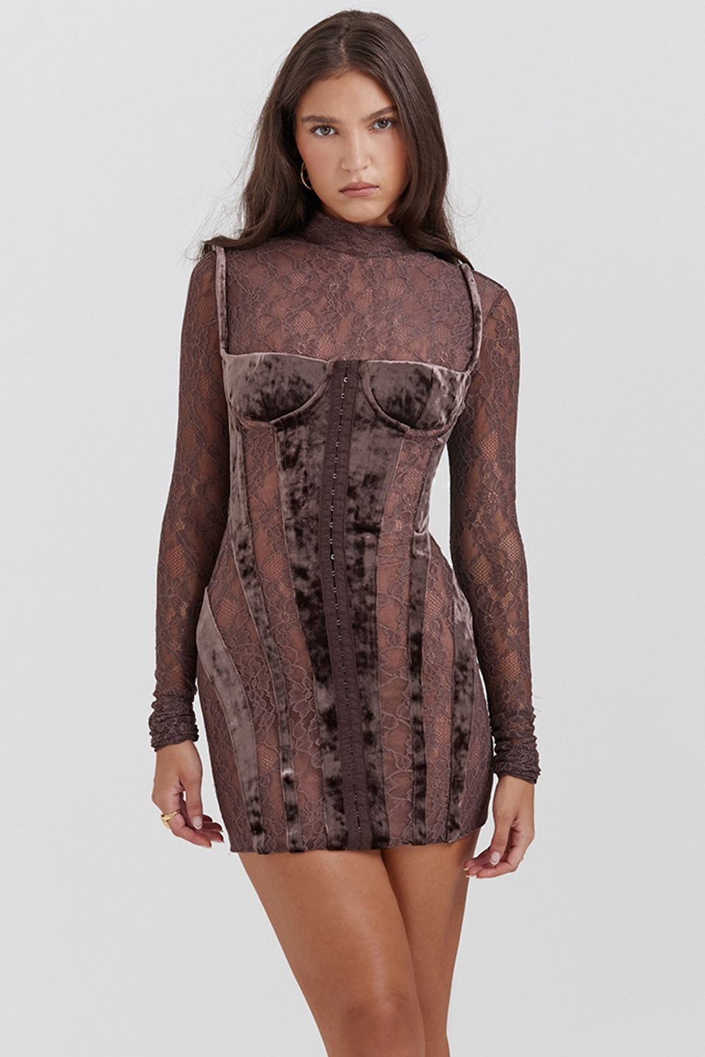 brown velvet & lace corset dress | House of CB