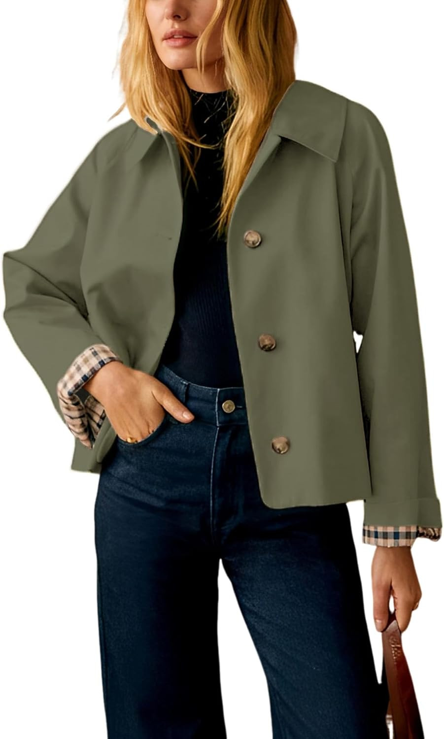 Women Oversize Trench Coat Plaid Lining Lapel Button Down Casual Crop Jacket Outwear with Pockets | Amazon (US)