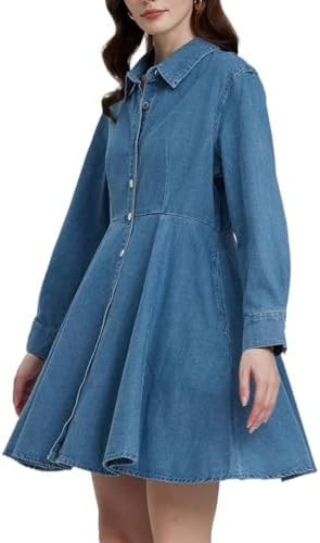 Women's Button Down Denim Mini Dress Long Sleeve Collared V-Neck Ruffle Hem Flowy Short Jean Dres... | Amazon (US)