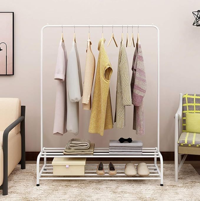 BOFENG Metal Garment Rack Industrial Free-Standing Clothes Rack with Top Rod and 2 Tier Lower Sto... | Amazon (US)