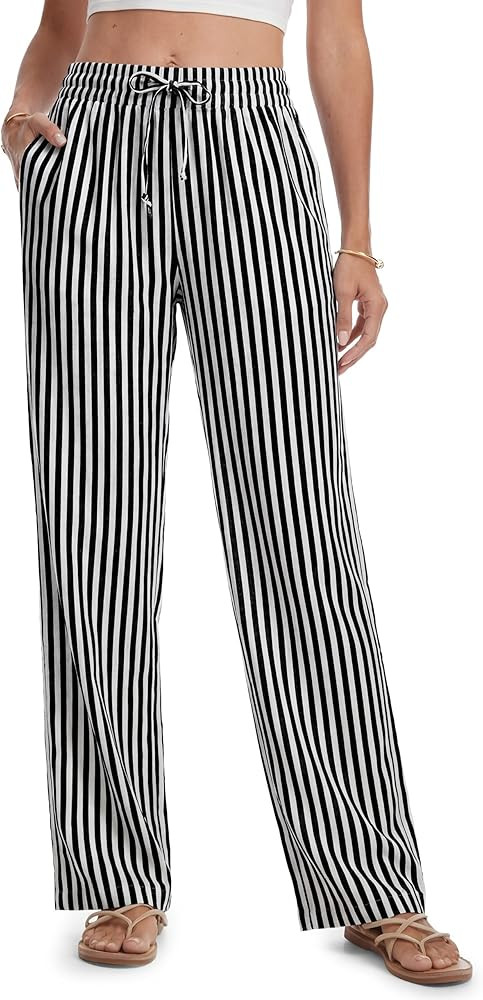 SEVEGO Tall Women 32"/34"/36" Inseam Striped Linen Pants Elastic Waist Wide Leg Pants Casual Summ... | Amazon (US)