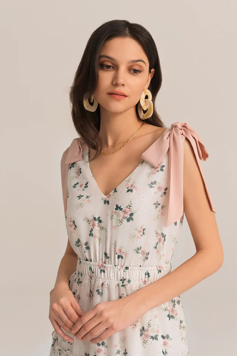 V-Neck Sleeveless Elastic Waist Tiered Flared Floral Midi Dress - Gree | GRACE KARIN