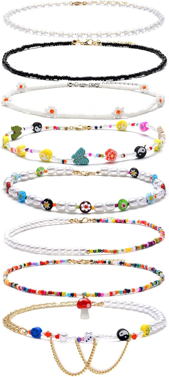 Akeoqi 8 Pieces Choker Necklace Y2K Colorful Cute Boho Glass Bead Handmade Necklace Smiley Face F... | Amazon (US)