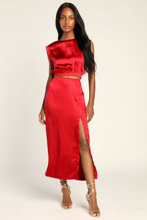 Glamorous Glances Red Satin Slit Midi Skirt | Winter Skirt Outfit | Skirt Set | Sets Skirts | Lulus (US)