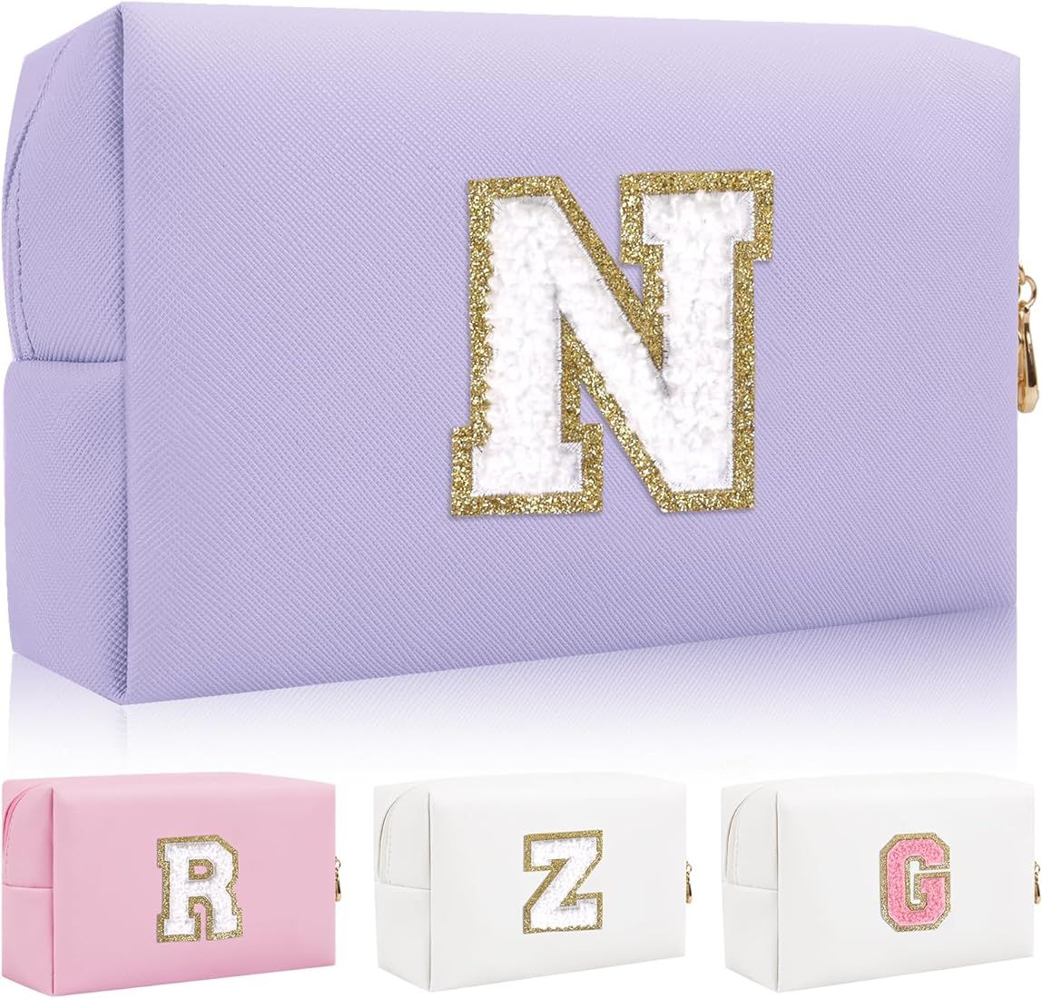 Personalized Initial Letter Patch Makeup Bag, Preppy Small Chenille Letter Cosmetic Bag with Zipp... | Amazon (US)