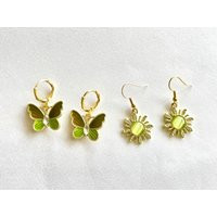 Gold/Green Earrings, 18K Gold Plated Huggie Green Indie Sun Butterfly Tarnish Resistant | Etsy (US)