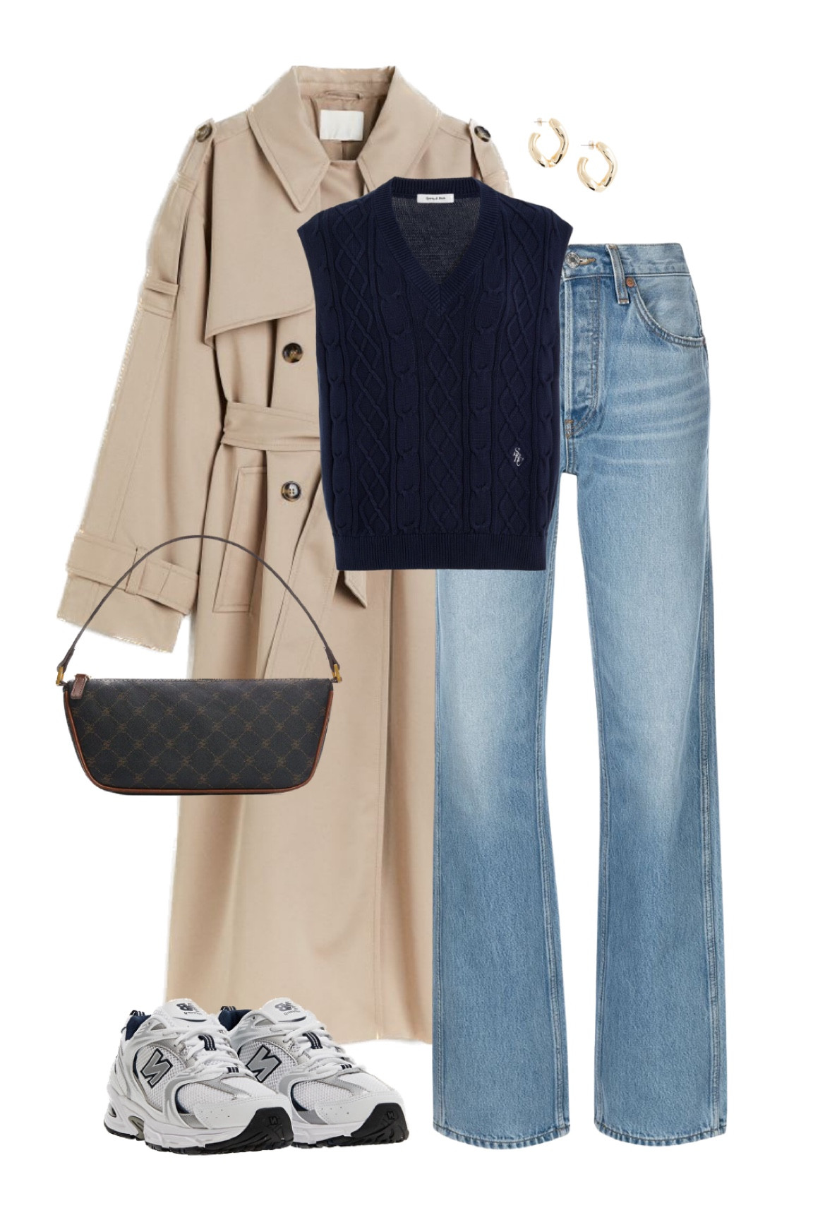 Transitional fall neutral outfit inspo: a trench coat, cable knit sweater vest (og is from sporty and rich), jeans, a shoulder bag & new balance sneakers 

#LTKFind #LTKeurope #LTKstyletip