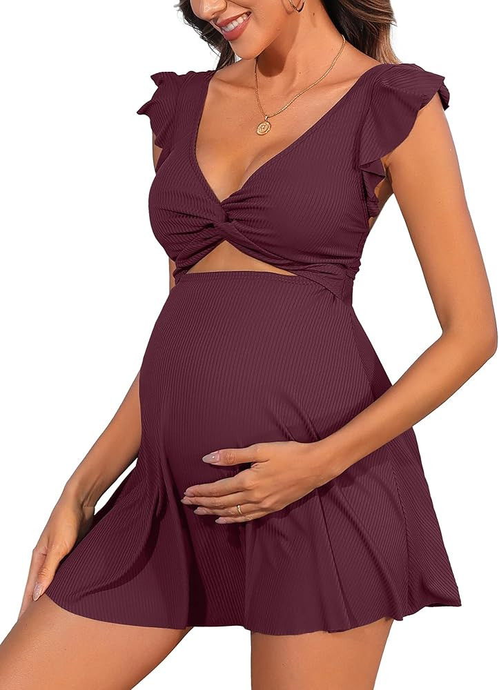 Charmo Ruffle Ribbed Maternity Swimsuit One Piece Cutout Pregnancy Bathing Suits Push Up Twisted ... | Amazon (US)
