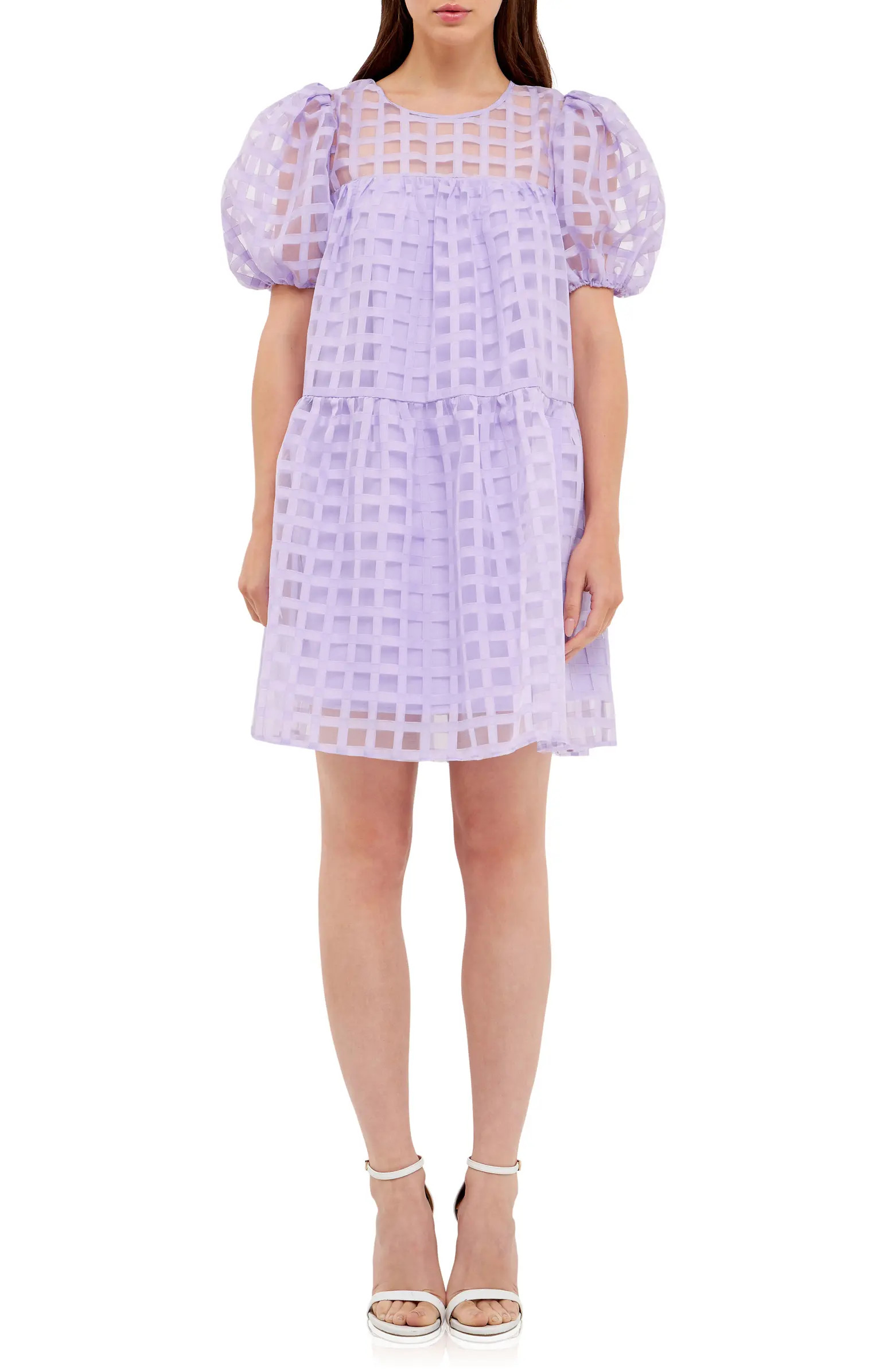 Gridded Puff Sleeve Dress | Nordstrom