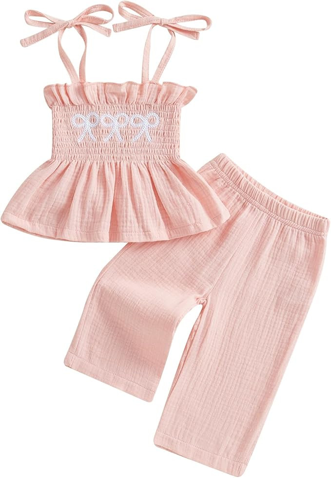 VISGOGO Infant Baby Toddler Girls Clothes Solid Color Sleeveless Camisole Linen Pants Set Baby Su... | Amazon (US)