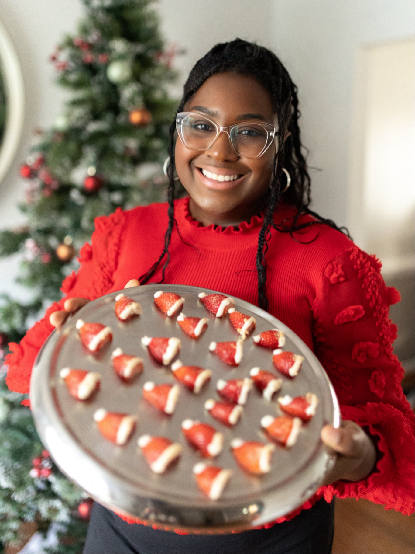 Can we talk about how cute these Santa Hat Strawberries are?!? I’ve linked all the ingredients you’ll need for these treats! 

Ingredients

12 large Strawberries (stemmed and cut in half)
4 oz of Cream Cheese (softened)
½ cup of Heavy Cream
1 cup of Granulated Sugar
1 tsp of Pure Vanilla Extract
½ cup of Graham Cracker Crumbs (optional, for garnish)
Steps

Beat the cream cheese, until smooth, in a large bowl. Whisk together the heavy cream, sugar and vanilla until stiff peaks form, about 2-3 minutes. Fold the whipped cream into the cream cheese until just combined. Transfer the cream cheese mixture to a piping bag fitted with a star piping tip. Place the strawberries cut-side-down onto a serving tray and pipe a border along the bottom flat edge of the strawberry, add a dot at the tip of the strawberry to create a Santa hat. Sprinkle edges with graham cracker crumbs and serve.

#HolidayTreats #HolidayRecipes #SantaHats

#LTKHoliday #LTKhome #LTKparties