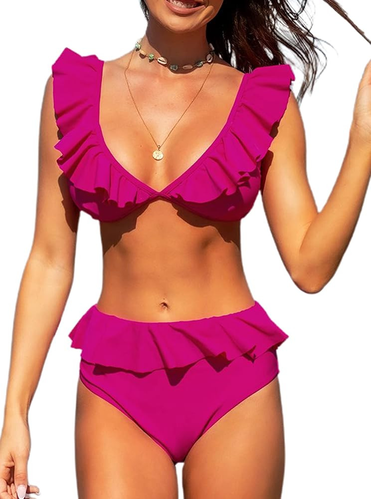 Hilinker Women's Ruffle One Shoulder Bikini High Waist Bikini Swimsuit 2 Piece Bathing Suit | Amazon (US)
