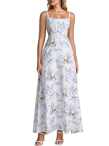 Auraxe Floral Corset Maxi Wedding Guest Dresses for Women Summer Casual Spaghetti Strap Flowy A Line Tea Party Sun Dress | Amazon (US)