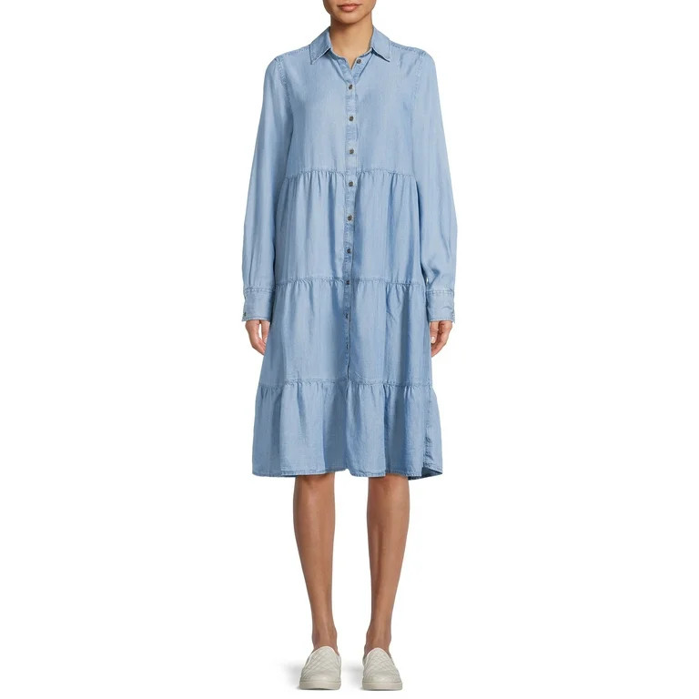 Time and Tru Women's Tiered Dress with Long Sleeves | Walmart (US)