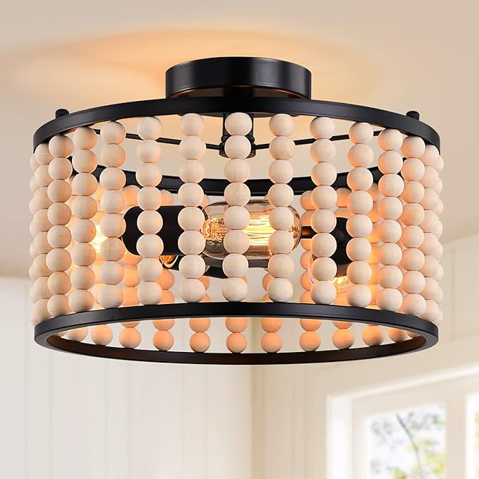 Farmhouse Boho Light Fixture, 3-Light Wood Beaded Chandelier, Black Semi Flush Mount Ceiling Ligh... | Amazon (US)