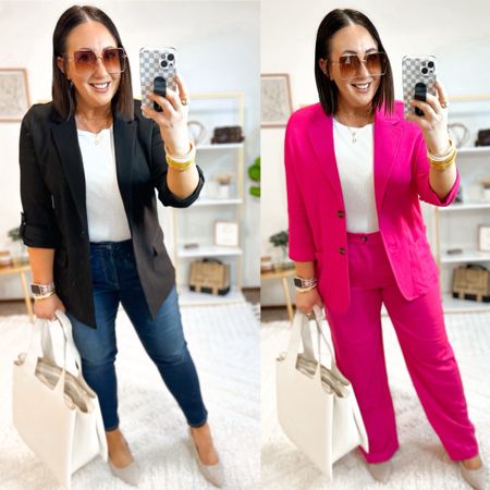 Newer arrivals at Walmart!  This pink blazer is on sale for $20!  Love the matching pants for some extra pop. Definitely out of my comfort zone but I think it’s fun. Black blazer is super stretchy and feels like you’re wearing a comfortable sweatshirt!  L blazers. L pants. Size 14 jeans. Sized up half a size in the heels. Bag is such a great work tote for spring and summer!

#LTKsalealert #LTKworkwear #LTKmidsize