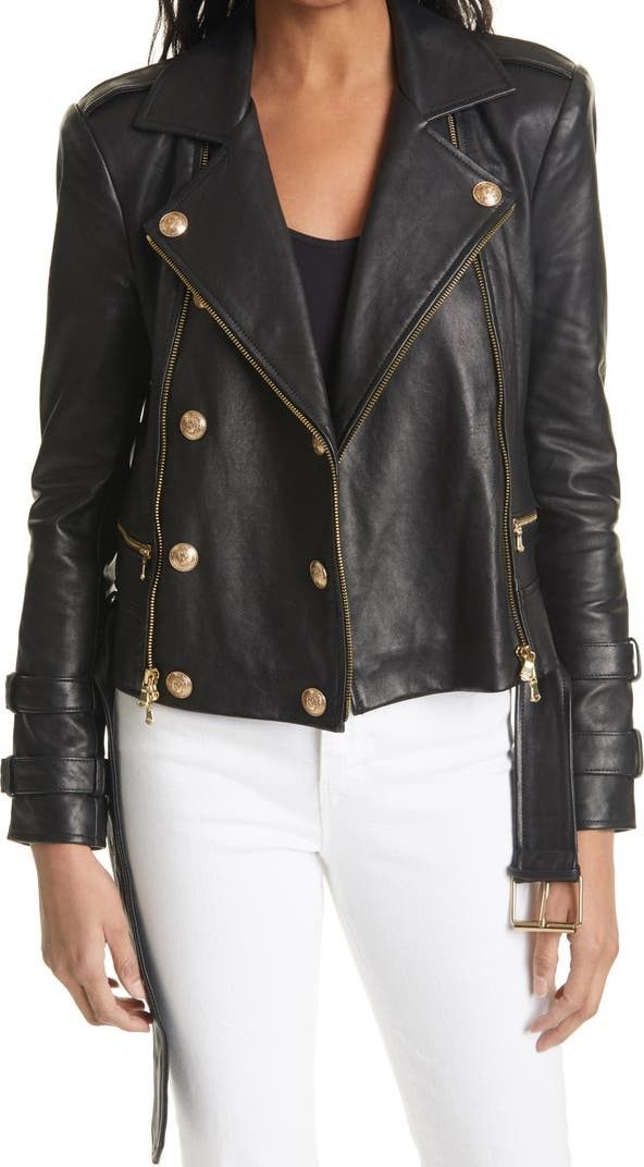 L'AGENCE Billie Belted Leather Moto Jacket Black Biker Jacket Jackets Business Casual Work Wear | Nordstrom